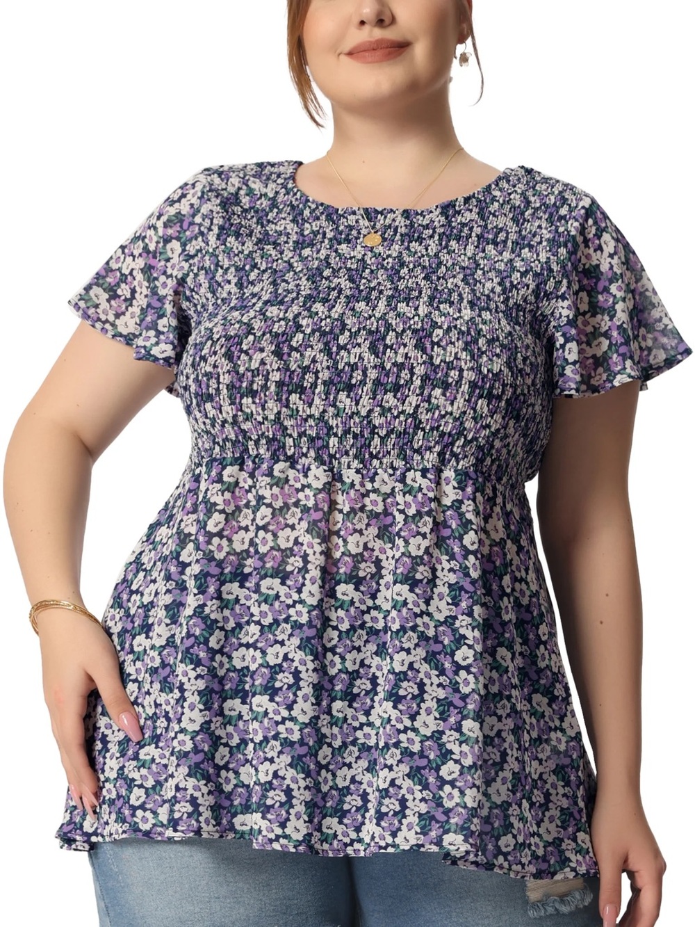 Agnes Orinda Smocked Floral Babydoll Top 4X